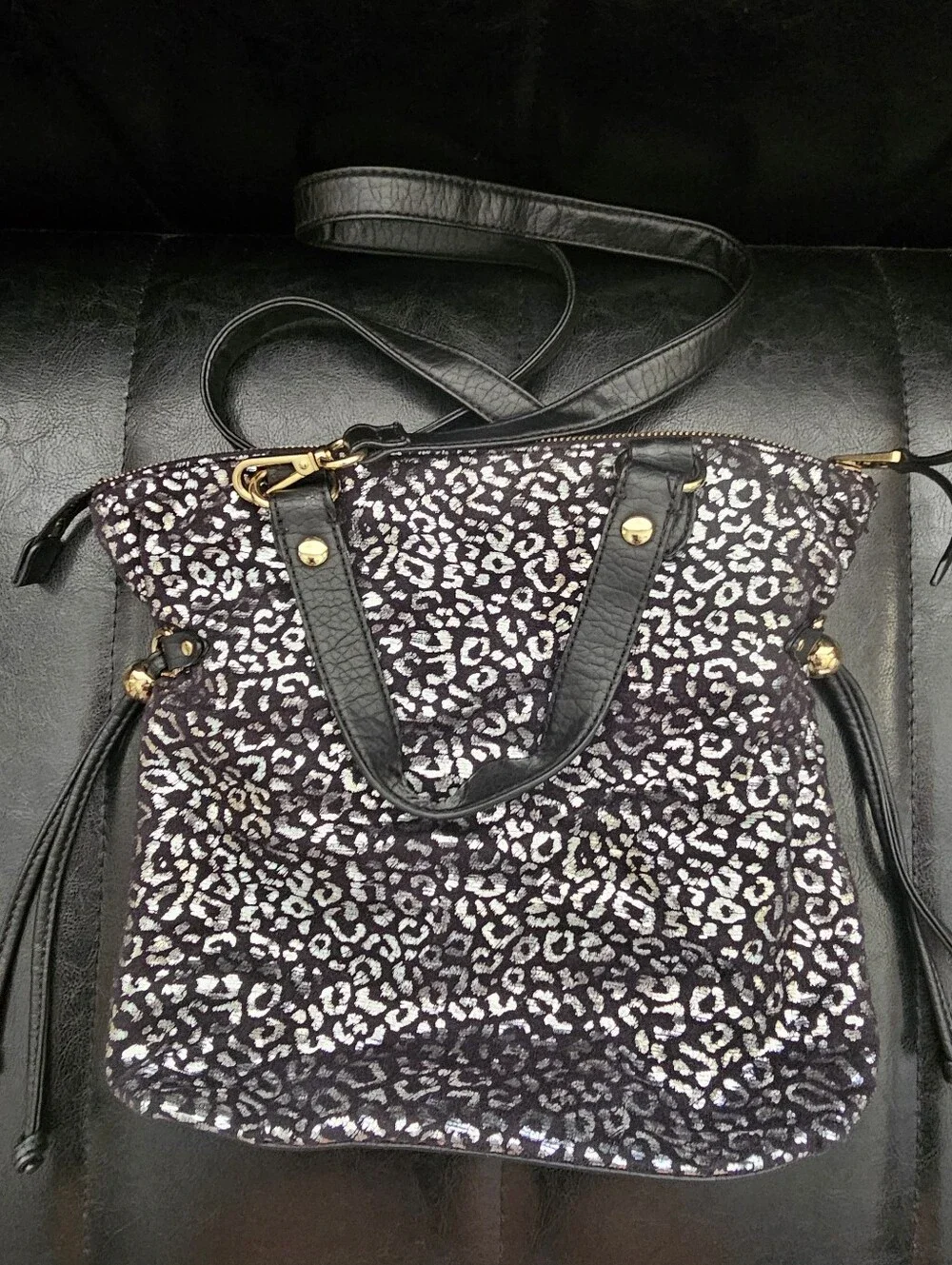 Juicy Couture Black and Silver Leopard Print Tote Bag with Gold Accents